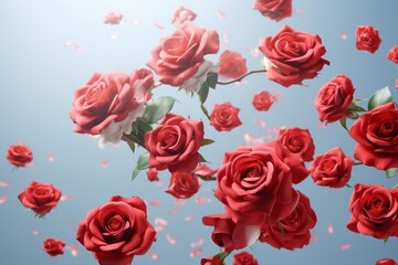 Many delicate tender pink big and small open and closed red roses, flowers and buds levitating, blue sky background