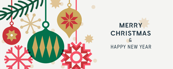 Merry Christmas and Happy New Year banner. Trendy modern geometric design with Christmas balls and decorations in gold, red, green colors. Horizontal poster, greeting card.