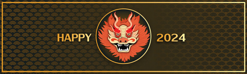 Chinese New Year 2024, the year of the Dragon, red and gold line art characters, simple hand-drawn Asian elements with craft (Chinese translation: Happy Chinese New Year 2024, year of the Dragon)