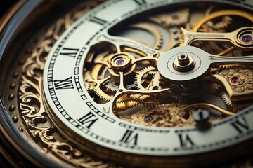 Closeup of retro mechanical old clockwork macro shots, Generative AI