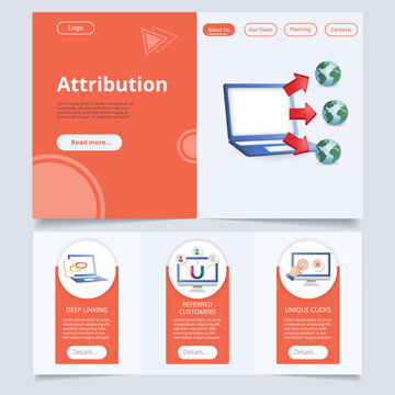 Attribution flat landing page website template. Deep linking, reffered customers, unique clicks. Web banner with header, content and footer. Vector illustration.