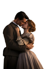 Slicked-Back Glamour. Vintage Evening Gown, Retro Hairstyles, Dapper Attire. couple kissing. passionate couple. retro man and woman kissing. loving embrace. kissing goodbye. victorian couple. 
