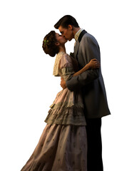 couple kissing. passionate couple. retro man and woman kissing. loving embrace. kissing goodbye. victorian couple. Classic Noir Romance: Elegant Couple, Vintage Embrace, Victorian Kiss. 