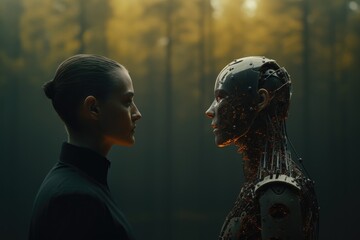 human versus AI. Robot, cyborg, futuristic. woman with slim futuristic clothes and small bun pulled back. woman facing a robot. conflict between humanity and AI concept art. humanoid figure. 