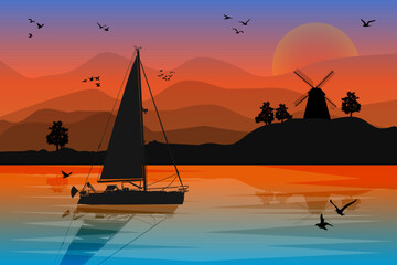 Naklejka premium Sunset with sailboat, sunset, and hill. Silhouette of sail boat, shore with windmill and evening sky. Night landscape. Sunrise on lake. Boat sailing in river. Stock vector illustration