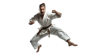 A Man Passionately Practicing Karate Techniques with Precision Isolated on Transparent Background PNG.