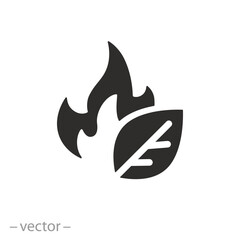 fire with leaf icon, ecological fuel, natural energy, flat line symbol - vector illustration