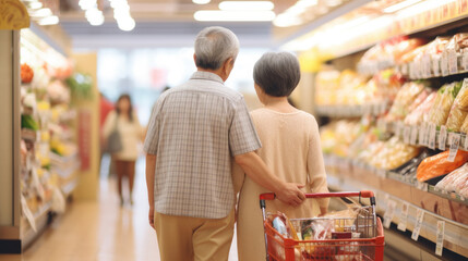 rear view of senior asian couple grocery shopping in supermarket, AI generated image - obrazy, fototapety, plakaty