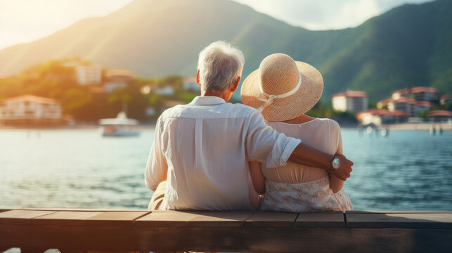 rear view of a senior couple sitting by the beach looking at view and enjoying vacation, AI generated image