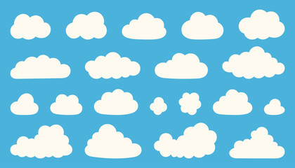Cartoon cloud set. Clouds isolated on blue sky panorama vector collection. Cloudscape in blue sky - obrazy, fototapety, plakaty