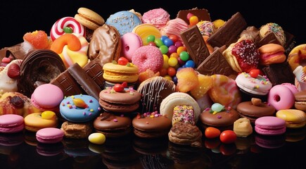 delicious sweets on abstract background, colored chocolates and sweets on the table, colorful sweets wallpaper, sweets banner