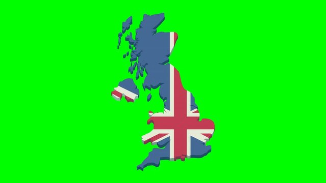 Animation of appearance and disappearance of the 3D map of United Kingdom in colors of  Union Jack flag on a blue background, green background, transparency and white background in a flat design style