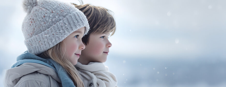 Side view portrait of two Caucasian siblings enjoying snow falling. Panoramic shot with copy space