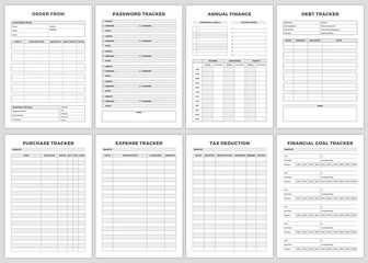 Minimalist planner pages templates. Order From,Password Tracker,Annual Finance,Debt Tracker,Purchase Tracker,Expense Tracker,Tax Deduction,Financial Goal Tracker,
 Printable Planner Page .