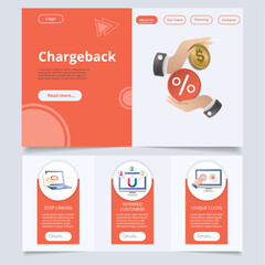 Chargeback flat landing page website template. Deep linking, reffered customers, unique clicks. Web banner with header, content and footer. Vector illustration.