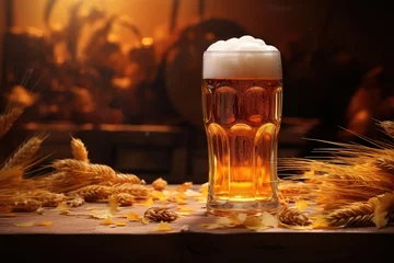 Poster Glass of foamy beer and ears of wheat, alcohol still life with copy space © Sergio