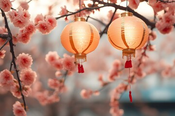 chinese oriental lanterns in spring with cherry blossoms