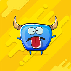 Naklejka premium Vector cartoon funky blue monster with horn isolated on yellow background. Smiling silly blue monster print sticker design template. Ghost, troll, gremlin, goblin, devil and monster