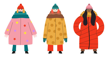 Vector illustration set with women in winter coats and jackets. Modern fashion collection, apparel inspiration print, autumn greeting card template