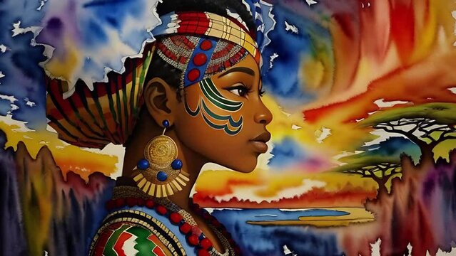 Strong African Woman Flipbook Animation. Generative AI   Cell-shading landscape and portrait artwork of Africa and African woman.