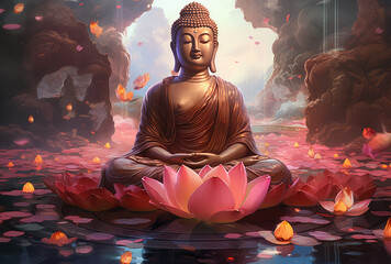 Glowing golden Buddha meditates on a lotus flower