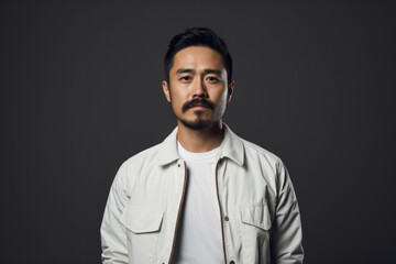 Obraz premium Portrait of young asian man with moustache in support of men's health and movember global community, dressed in casual, copy space