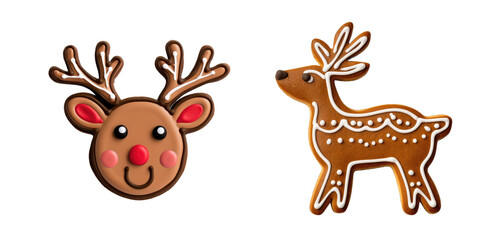 Obraz na płótnie Canvas Set of Cute deer head Cookie with Christmas Sugar cookie and Gingerbread Reindeer on transparent background, png - Generative AI