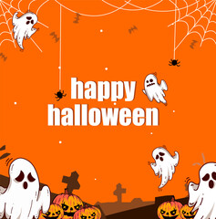halloween background with pumpkin and bats spider web on orange background