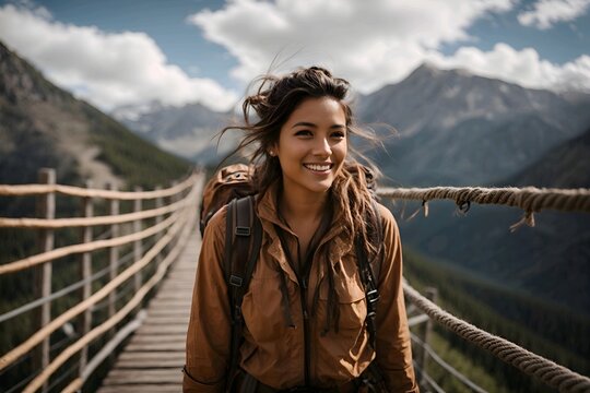 Fototapeta A hiker woman crossing bridge 