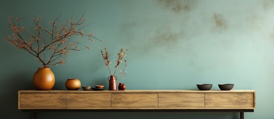 Beige and turquoise concrete wall in zen dining room Cozy background with copy space Interior...