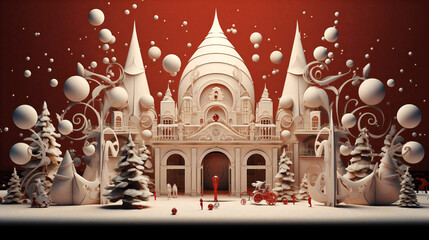 White Christmas toy castle with festive ornaments background. Church, merry, miniature, holiday season Generated AI.
