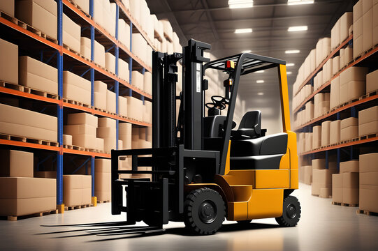 Forklift truck in warehouse. Logistics and distribution center for product delivery. Large retail warehouse filled with merchandise shelves, cartons and packaging on pallets.
