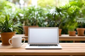 Fototapeta premium Laptop on a Wooden Table with a Blank White Screen, Accompanied by a Cup of Coffee, Enhanced by a Lively Potted Plant in the Blurred Background