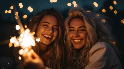 Two happy friends with sparklers