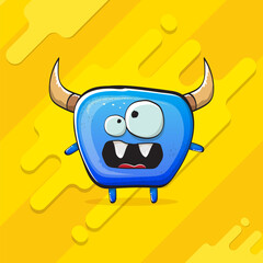 Vector cartoon funky blue monster with horn isolated on yellow background. Smiling silly blue monster print sticker design template. Ghost, troll, gremlin, goblin, devil and monster