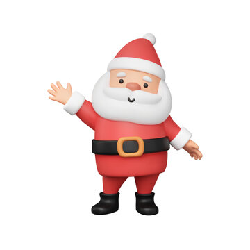 Cute Santa Claus 3d Rendering. Standing character waving his hand. Christmas friendly cartoon mascot. Little man. Single object. Vector illustration in plastic and plump style. Xmas miniature figure