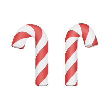 Christmas candy cane 3d rendering. Simple sweet object with white and red swirl stripes. Vector illustration, isolated design element, xmas miniature stick, gift.