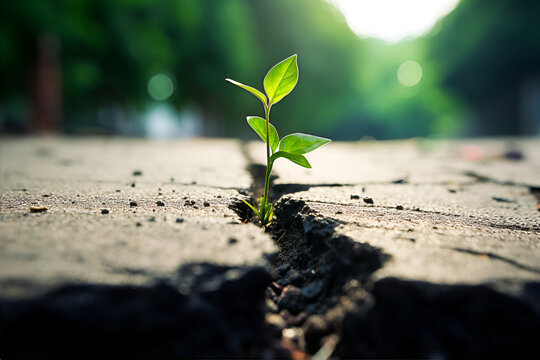 Green plant growing through the cracked concrete road, hope concept