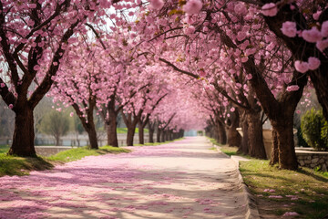 view of the path between the cherry blossom forest