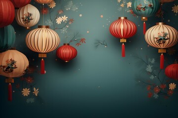 chinese oriental lanterns on a blue background - obrazy, fototapety, plakaty
