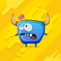 Vector cartoon funky blue monster with horn isolated on yellow background. Smiling silly blue monster print sticker design template. Ghost, troll, gremlin, goblin, devil and monster