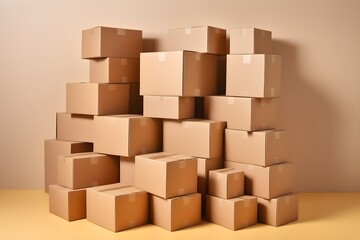 Huge pile of many cardboard plain boxes on a light background. Creative wallpaper concept of moving, housewarming, delivery company, transportation. Kraft boxes.