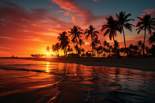 palm trees in pink sky on the sunset