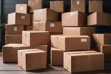 Stack of cardboard boxes indoors. Moving to new home, renovation, relocation, home staging, removals and delivery service.