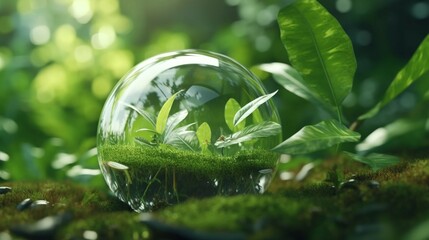 Glass globe resting on green leaf.Generative AI