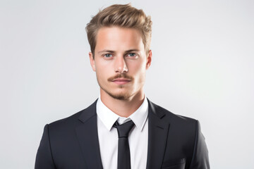 Portrait of young serious european man with moustache in support of men's health and movember global community, dressed in suit