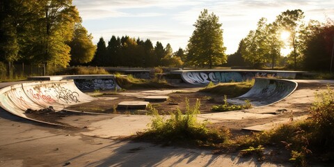 Deserted, once-popular skateboard park overtaken by nature , concept of Decay - obrazy, fototapety, plakaty