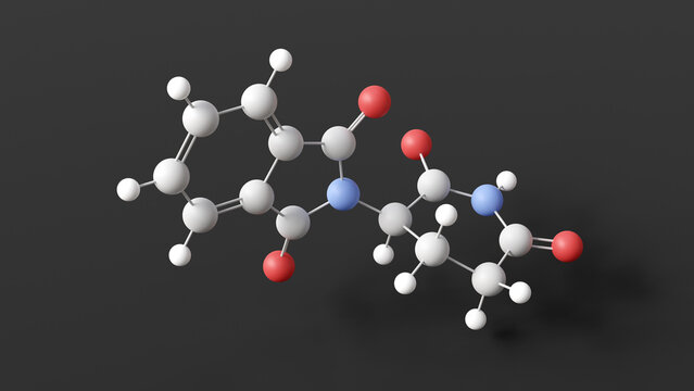 thalidomide molecule, molecular structure, cancer, medication, ball and stick 3d model, structural chemical formula with colored atoms