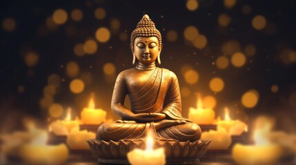 Obraz premium Buddha golden, Brass statue on a golden background. Meditation and zen concept. Banner. Copy space