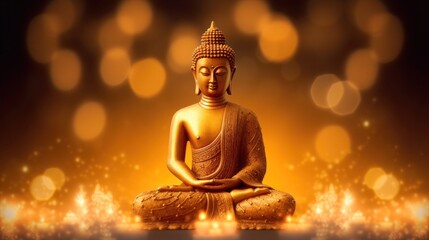 Buddha golden, Brass statue on a golden background. Meditation and zen concept. Banner. Copy space
